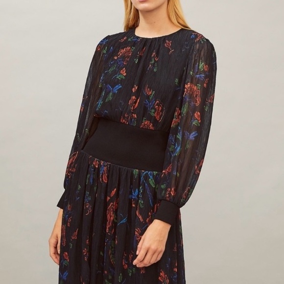 Tory Burch Rib Waist Long Sleeve Midi Dress in Ceramic Bouquet Size 8 - Picture 2 of 6